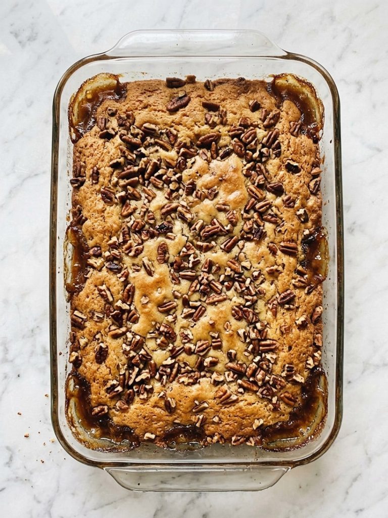 Step 6: The baked dump cake has a golden pecan topping and bubbling edges.