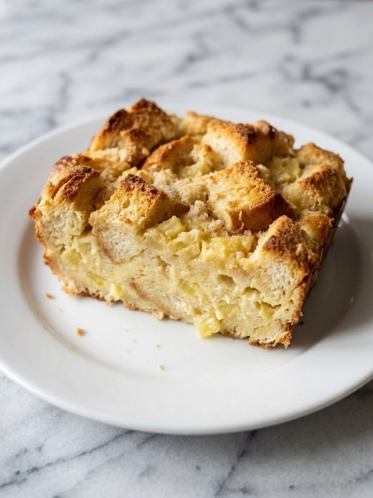 Close view of a served pineapple and bread casserole portion with golden bread above a soft pineapple center