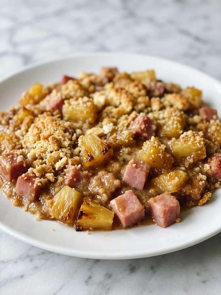 Close view of pineapple tidbits and ham cubes under a buttery cracker crust