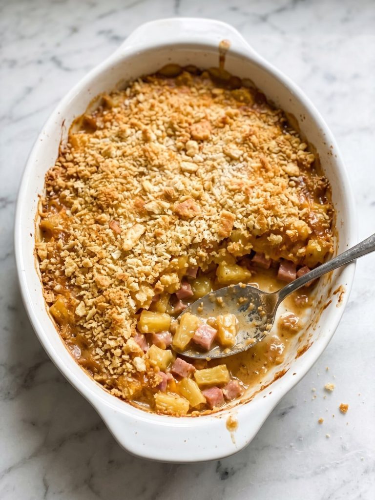 A casserole dish of pineapple and ham casserole with a golden Ritz cracker topping, a spoonful lifted out