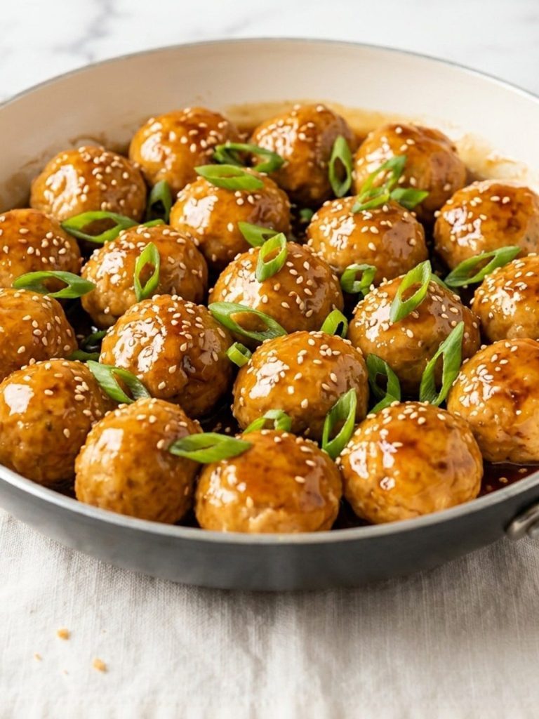 Chicken meatballs tossed in glossy pineapple teriyaki sauce in a skillet