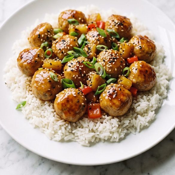 Glossy teriyaki chicken meatballs over rice with scallions and sesame seeds on a plate