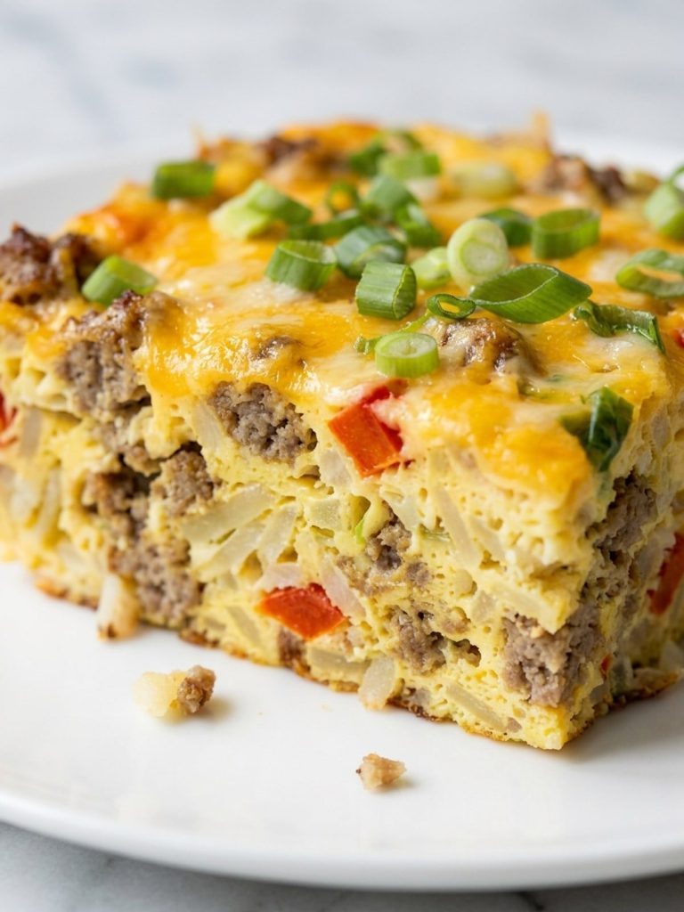 Close side view of one square of breakfast casserole on a white plate, showing set egg, shredded hash browns, sausage and melted cheddar