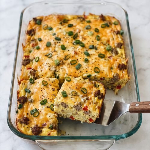 A hash brown breakfast casserole in a glass baking dish with one square lifted out, showing sausage, red pepper and hash browns under golden cheddar