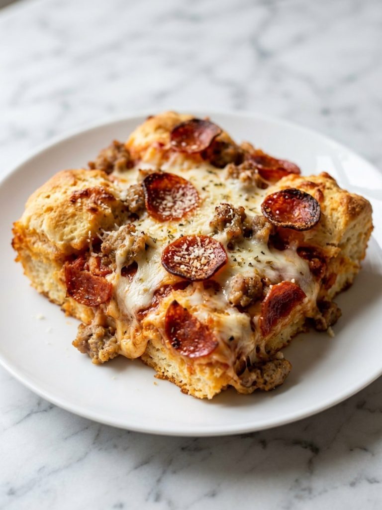 Close view of a square of biscuit pizza casserole with stretchy mozzarella, pepperoni and saucy biscuit pieces