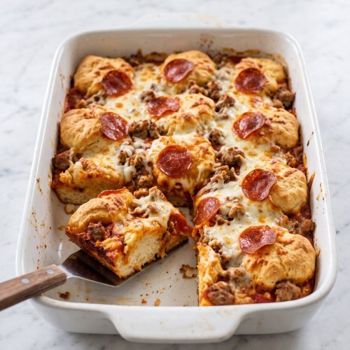 A 9x13 dish of bubble-up biscuit pizza casserole with melted mozzarella and pepperoni, one square lifted out
