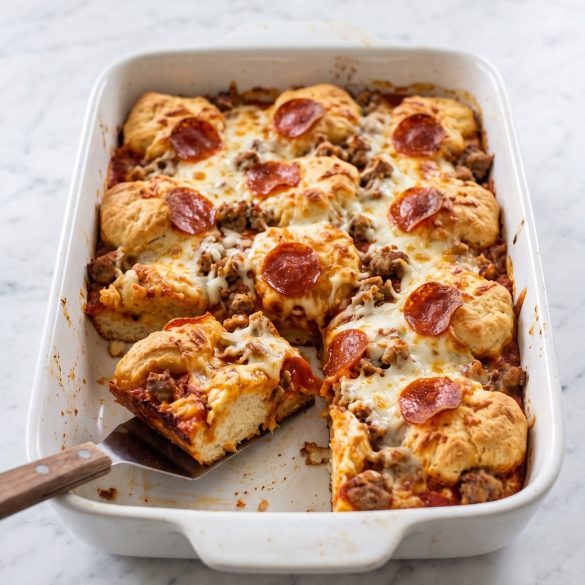 A 9x13 dish of bubble-up biscuit pizza casserole with melted mozzarella and pepperoni, one square lifted out