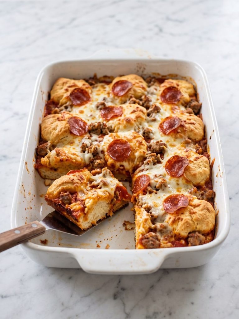 A 9x13 dish of bubble-up biscuit pizza casserole with melted mozzarella and pepperoni, one square lifted out