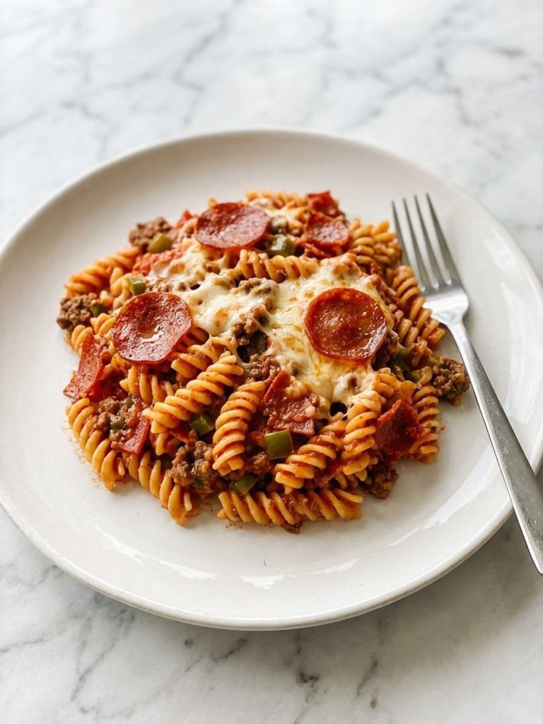 A white plate with a generous serving of pizza pasta casserole: rotini in marinara with ground beef and pepperoni under melted mozzarella and pepperoni slices