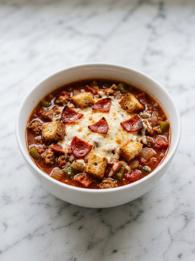 A bowl of pizza soup topped with melted mozzarella, pepperoni and croutons