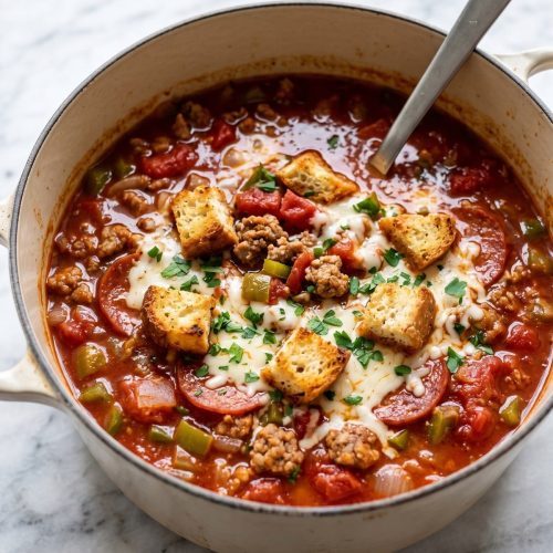 A pot of pizza soup with Italian sausage, pepperoni, green pepper and tomato