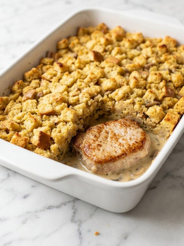 A 9x13 dish of baked pork chops topped with golden stuffing, one portion served out