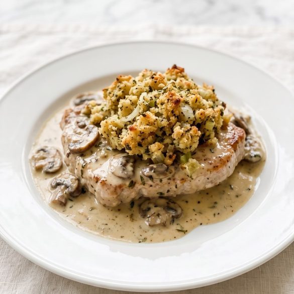 A baked pork chop with creamy mushroom sauce and golden stuffing on a plate