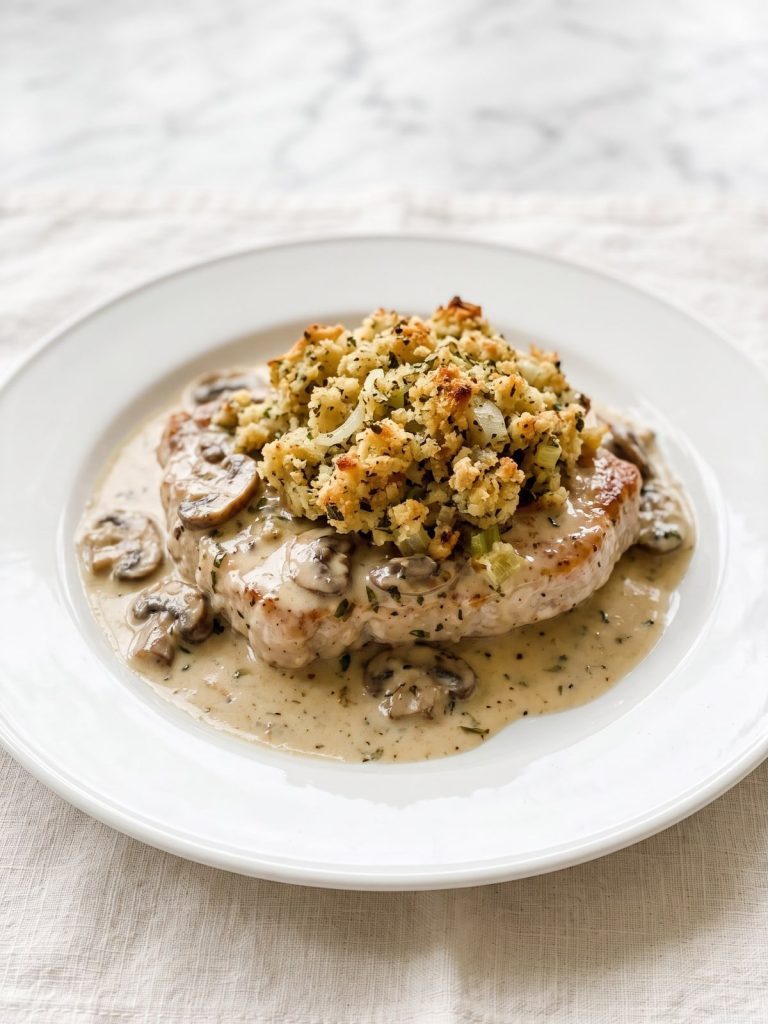 A baked pork chop with creamy mushroom sauce and golden stuffing on a plate