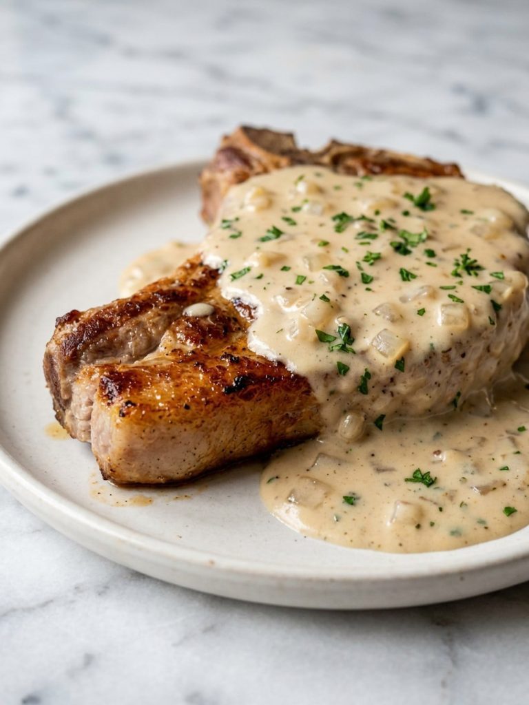 Close view of a browned pork chop coated in creamy mushroom gravy and soft onion