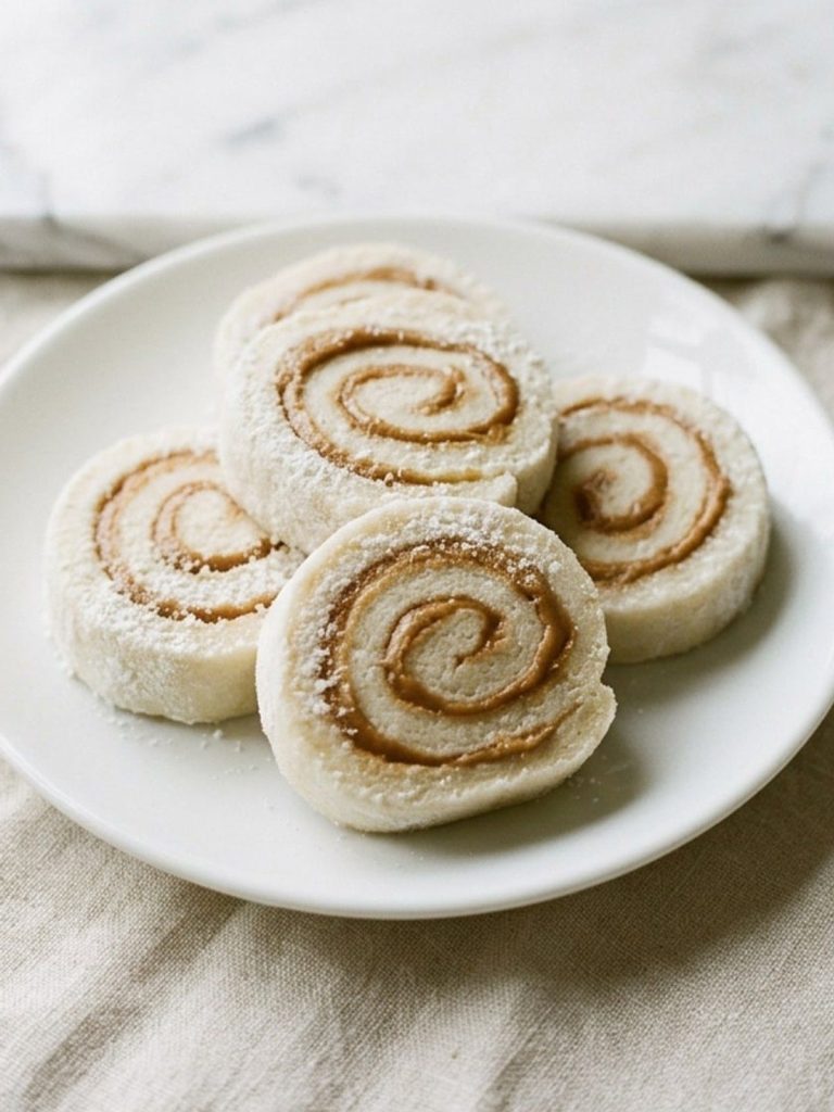 Close-up of potato candy pinwheels with a peanut butter swirl