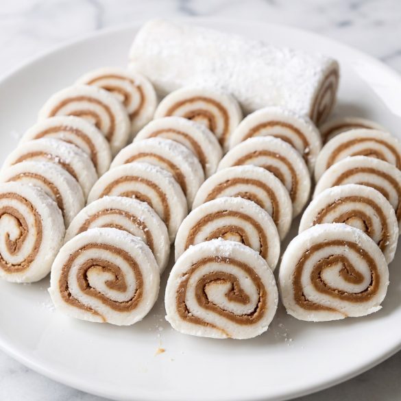 Slices of potato candy showing white sugar dough and a peanut butter spiral