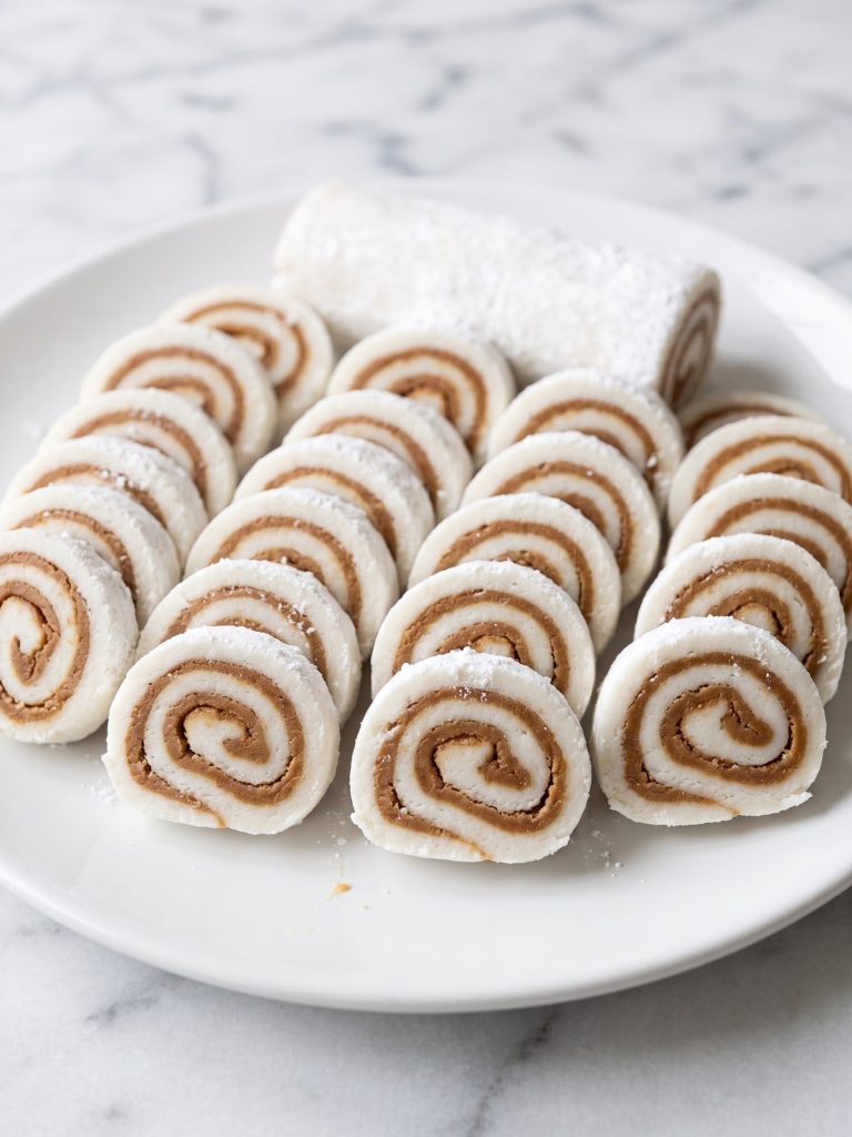 Slices of potato candy showing white sugar dough and a peanut butter spiral