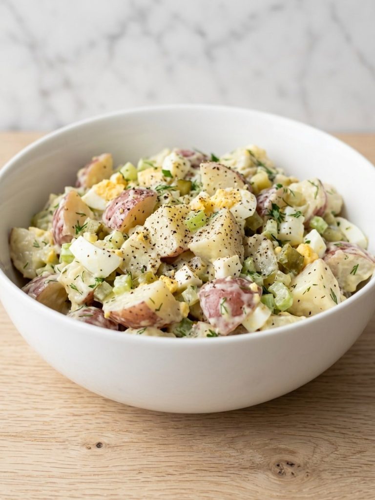 Close-up of potato salad showing firm potato chunks, egg and celery in a creamy dressing