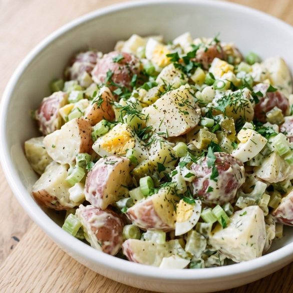 A bowl of creamy potato salad with red potatoes, hard-boiled egg, celery, pickles and fresh dill