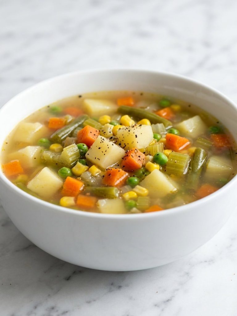 A bowl of brothy potato vegetable soup with green beans, corn, peas and carrots