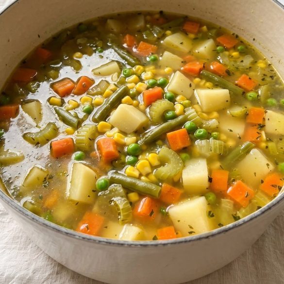 A pot of brothy potato vegetable soup with potato cubes, carrots, celery, green beans, corn and peas