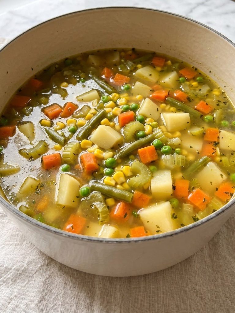 A pot of brothy potato vegetable soup with potato cubes, carrots, celery, green beans, corn and peas