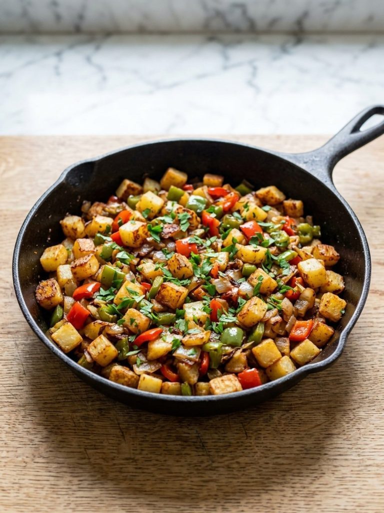 Potatoes O'Brien browning in a cast iron skillet with bell peppers and onion