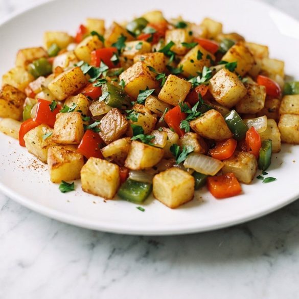 Crisp golden diced potatoes with red and green bell pepper and onion on a plate