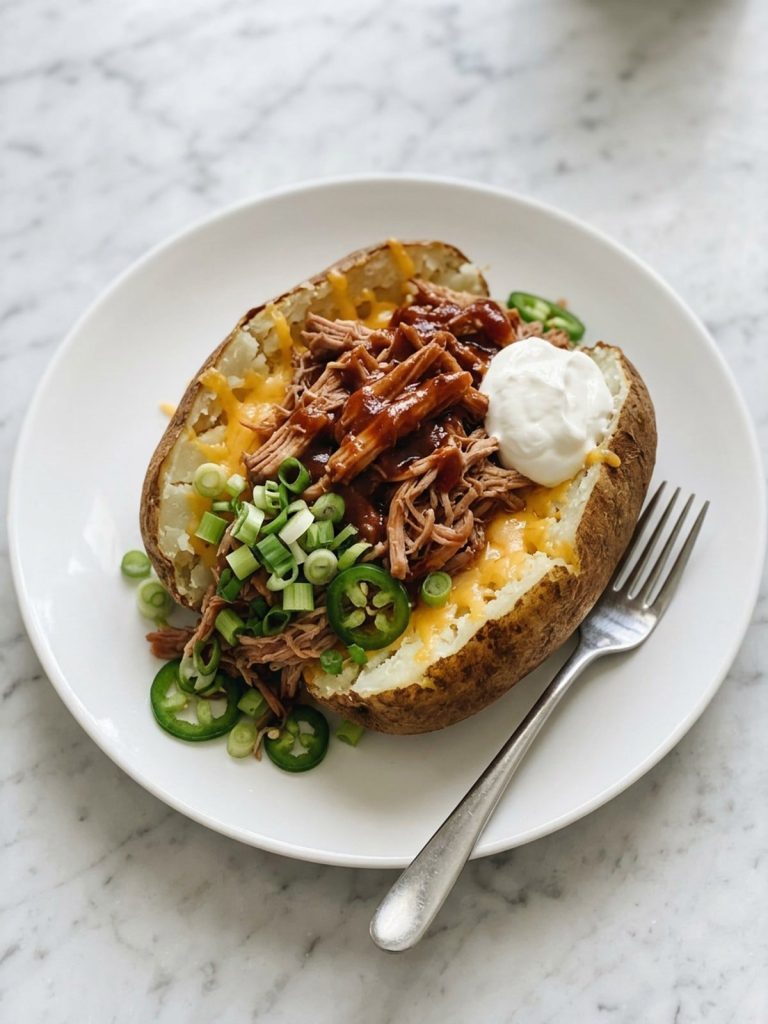 A white plate with one baked potato split open and loaded with barbecue pulled pork, cheddar, sour cream, green onions and jalapeño