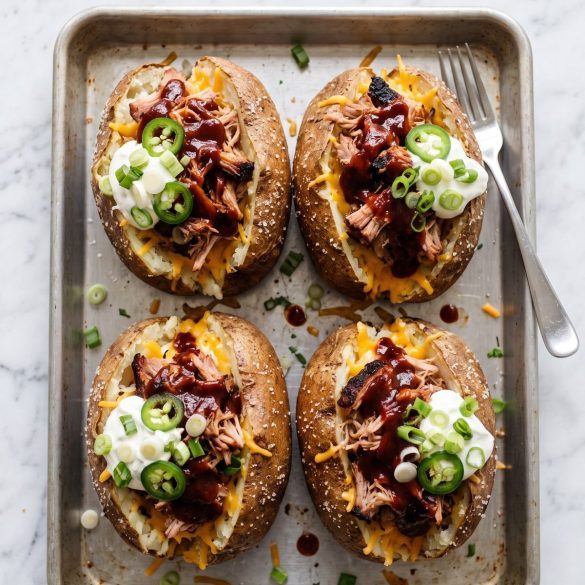 Four baked russet potatoes split open on a sheet pan, loaded with barbecue pulled pork, sour cream, green onions and jalapeño