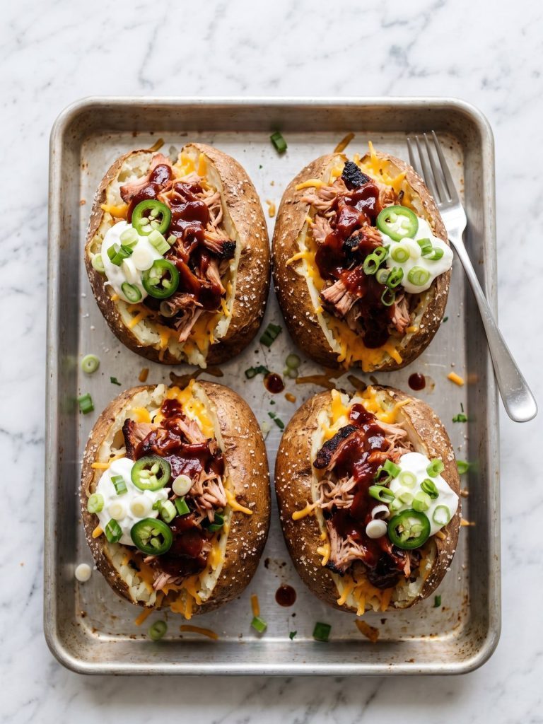 Four baked russet potatoes split open on a sheet pan, loaded with barbecue pulled pork, sour cream, green onions and jalapeño