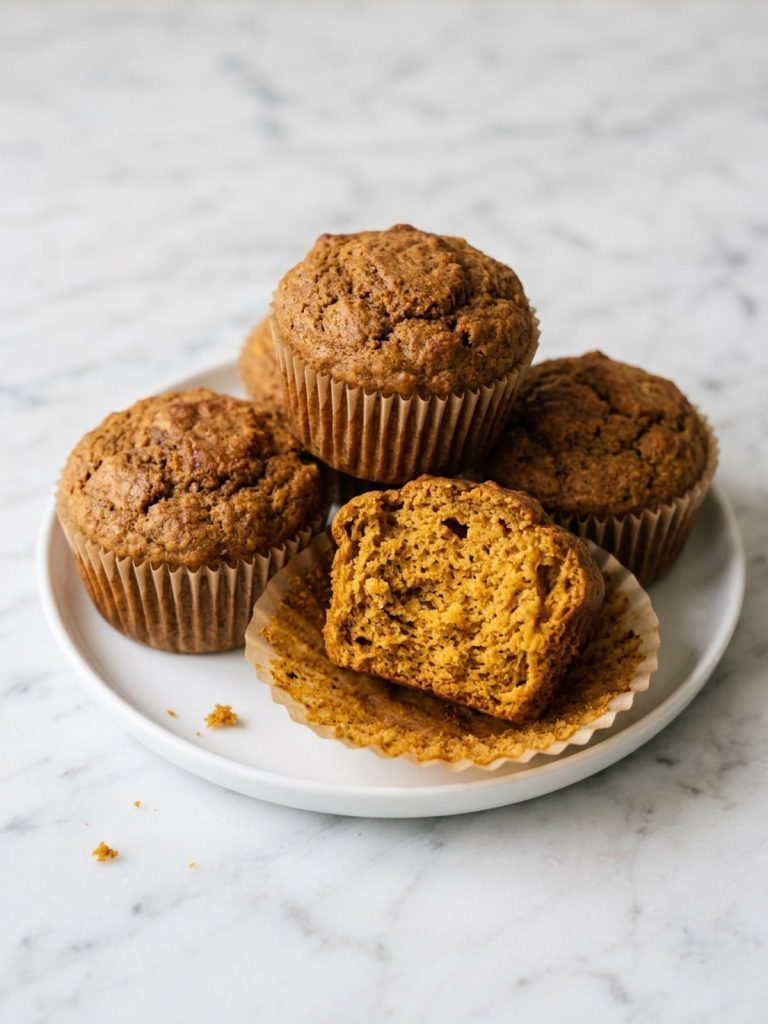 A plate of pumpkin spice muffins, one broken open to show the soft crumb