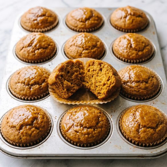A muffin tin of soft pumpkin spice muffins with rounded golden-orange tops
