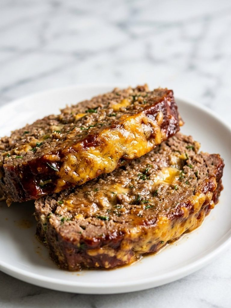 Two thick slices of cheddar ranch meatloaf on a plate