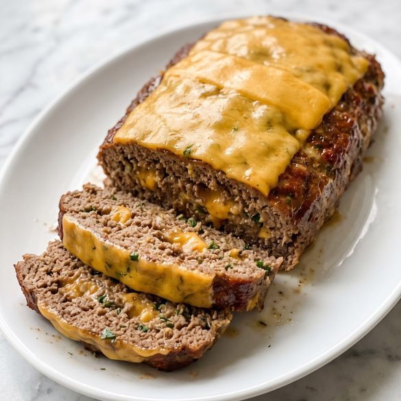 A baked cheddar ranch meatloaf topped with melted American cheese, two slices cut