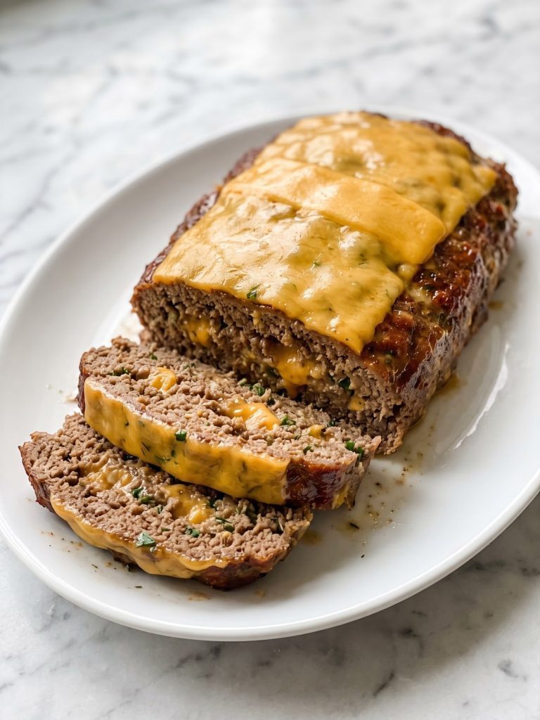 A baked cheddar ranch meatloaf topped with melted American cheese, two slices cut