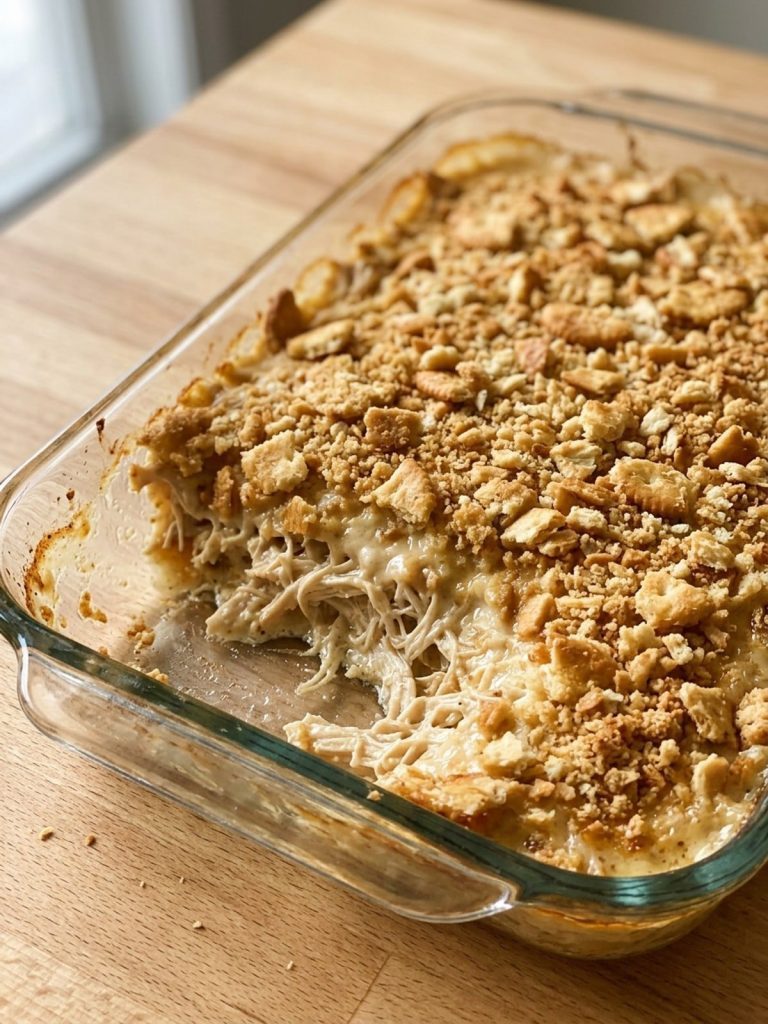 Close view of crisp, golden Ritz cracker pieces over creamy shredded chicken.