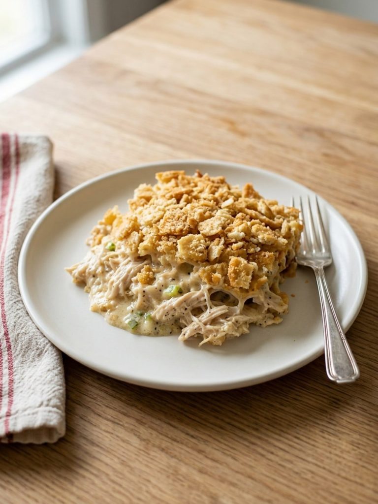 A served portion of creamy shredded chicken casserole with golden Ritz crumbs and a fork beside it.