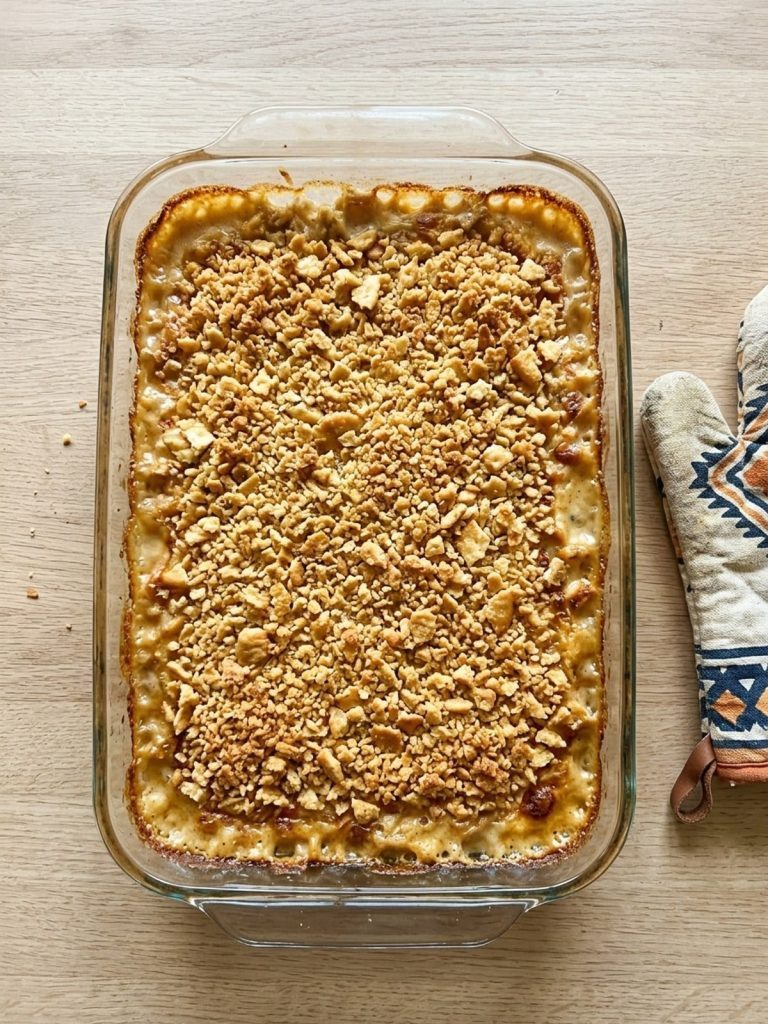 Step 6: Baked chicken casserole with a golden Ritz topping and bubbling edges.