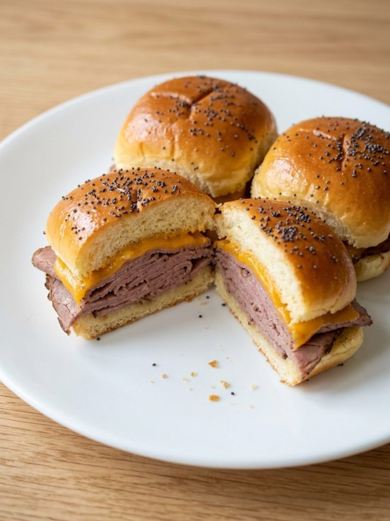 Three roast beef and cheddar sliders on a plate, one cut in half to show the beef and melted cheese