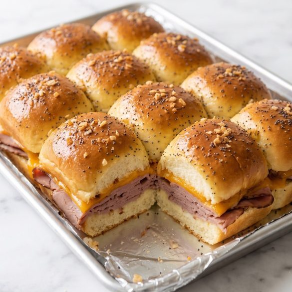 A pan of roast beef and cheddar sliders on sweet rolls with a glossy poppy seed butter glaze