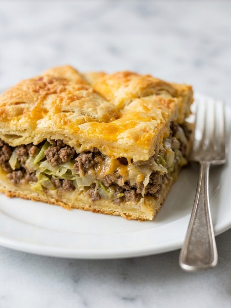 A square of runza casserole on a plate showing ground beef, cabbage and cheddar between two golden crusts