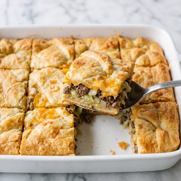 Runza casserole with a golden crescent crust in a white baking dish, one square lifted to show the beef and cabbage filling
