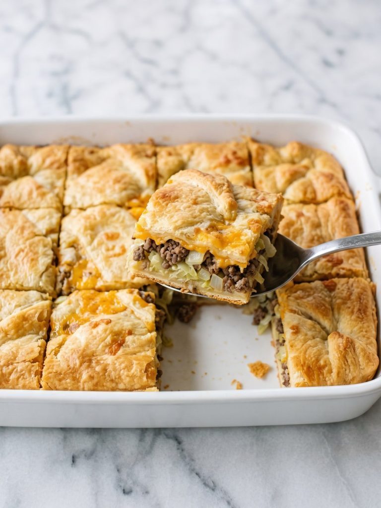 Runza casserole with a golden crescent crust in a white baking dish, one square lifted to show the beef and cabbage filling