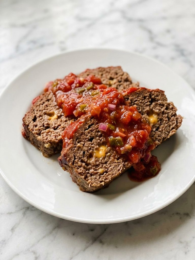Two thick slices of salsa meatloaf with chunky salsa on a white plate