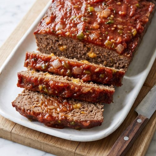 A sliced salsa meatloaf topped with chunky red salsa on a wooden board