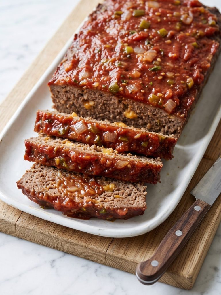 A sliced salsa meatloaf topped with chunky red salsa on a wooden board