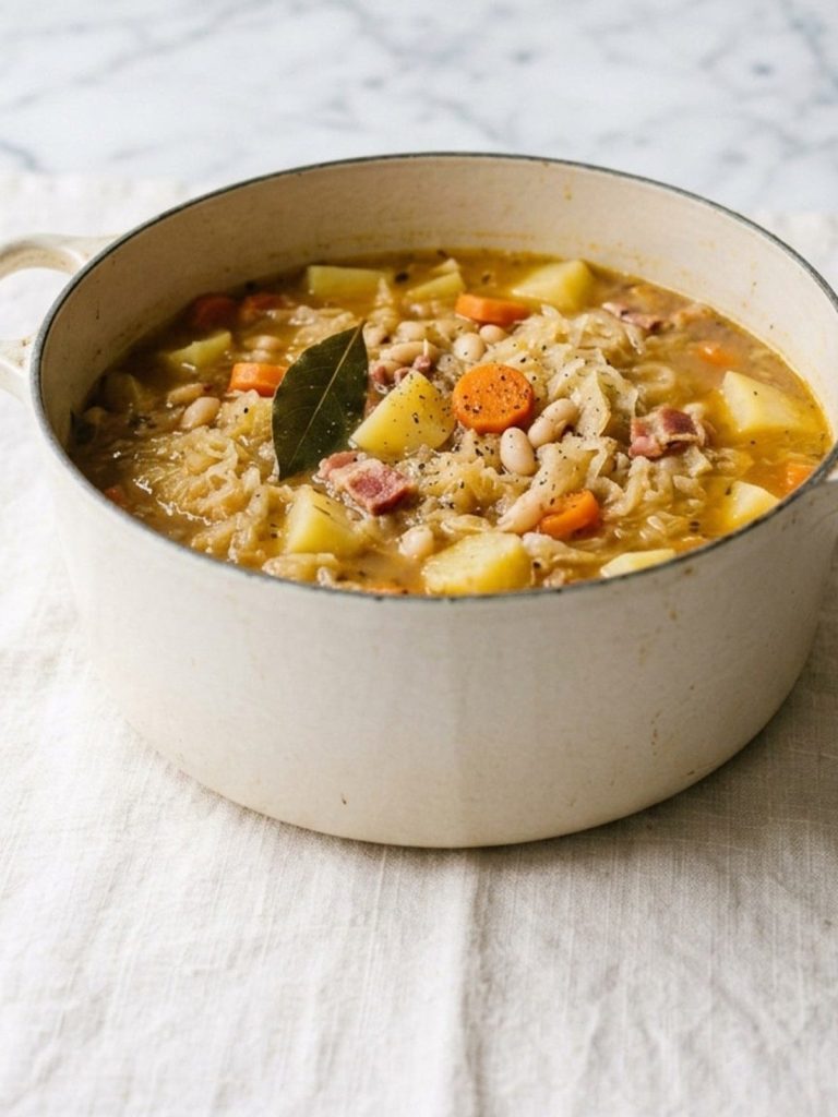 Sauerkraut soup with potatoes and bacon in a Dutch oven