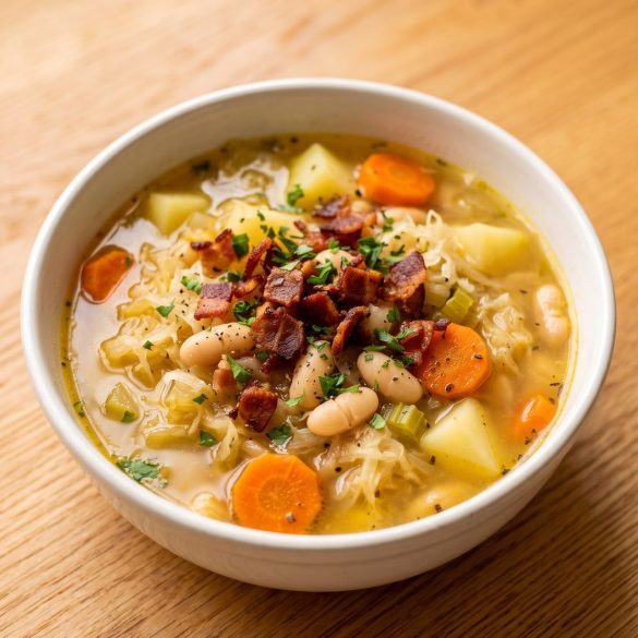 A bowl of sauerkraut soup with potatoes, carrots, white beans and bacon